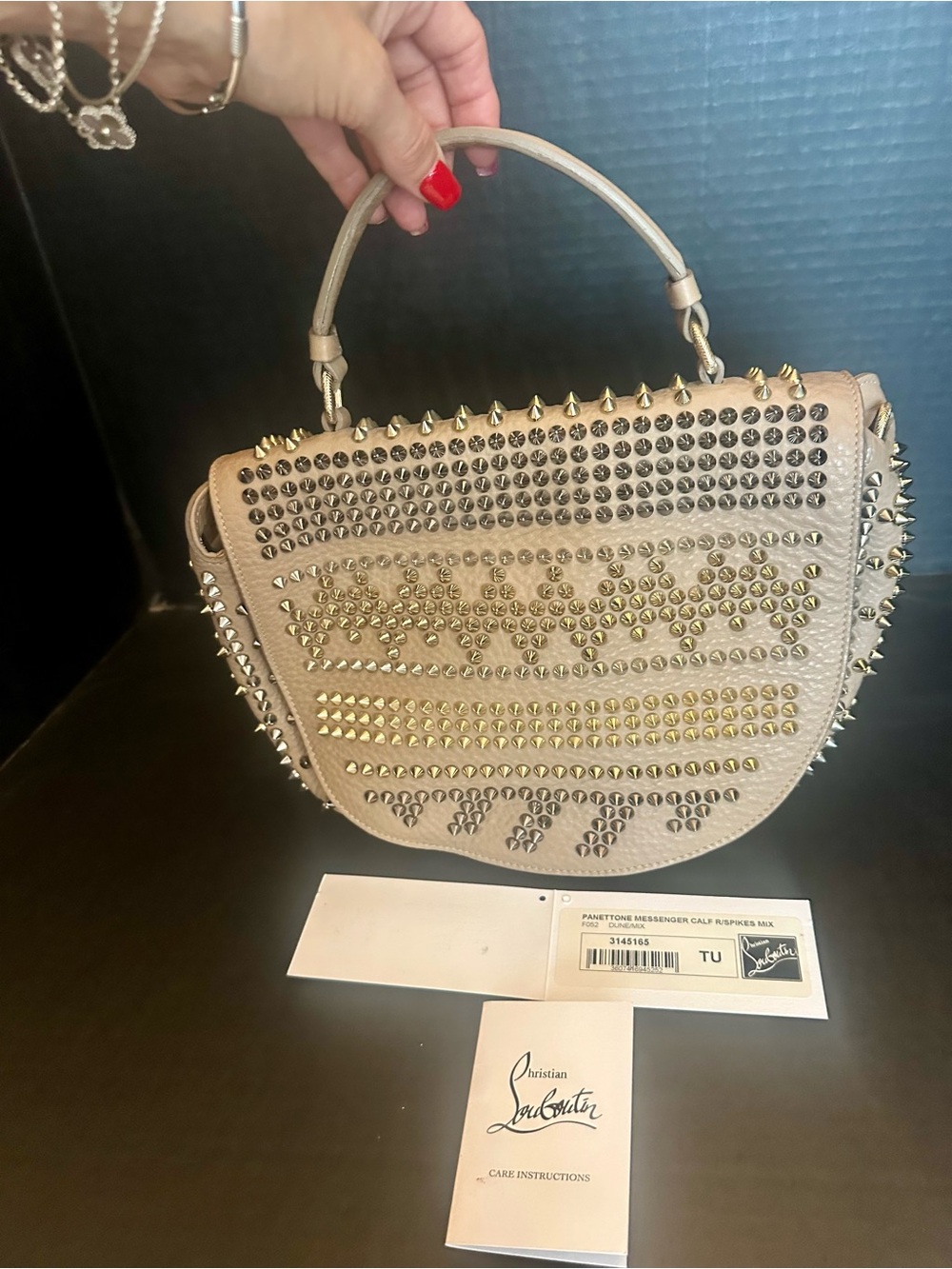 Christian Louboutin Taupe Studded Calfskin Top-Handle Satchel Authentic